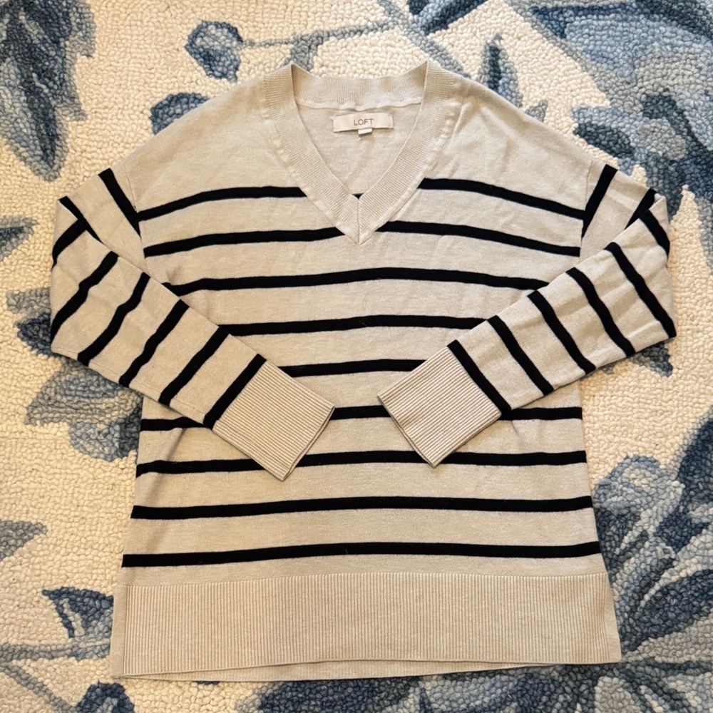 LOFT Striped V-Neck Sweater - Cream and Black